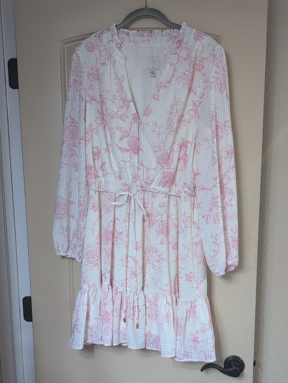 Joie Cream Dress with Pink Floral Print and Tie Waist